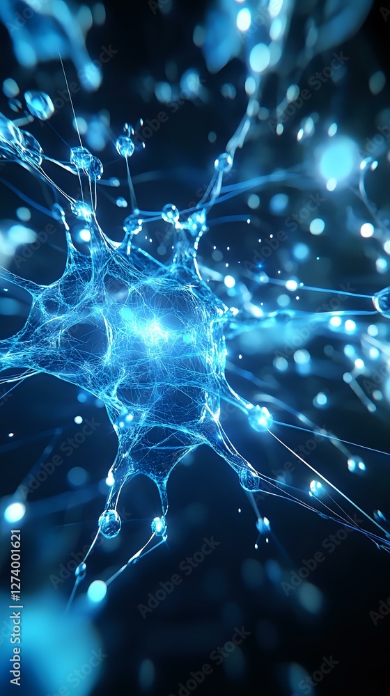 Aufkleber glowing blue neuron with synaptic connections on dark background, neural network visualization showi