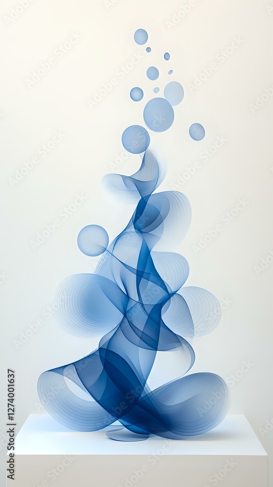 Poster abstract blue smoke-like waves and floating bubbles on white background create dynamic upward moveme