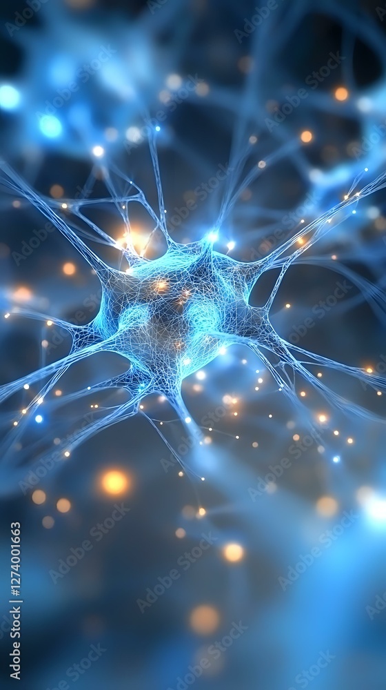 Poster glowing neuron cell with synaptic connections in blue and orange lights against dark background, dep