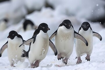 Fototapeta premium Adelie penguins leaping off iceberg into the southern ocean in antarctica s stunning landscape