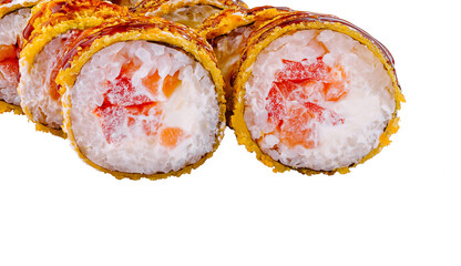 Tempura maki sushi rolls with salmon and cream cheese lying on white background © AntAlexStudio
