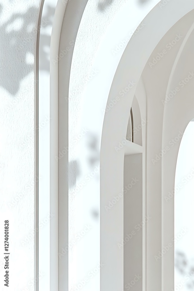 Poster minimalist white architectural arches with soft shadow play creating elegant curves and depth, suita