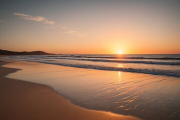 Fototapeta premium sunset on the beach with waves and a person walking on the beach