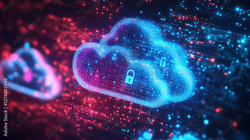 Poster vibrant and modern digital security icons in the shape of clouds with lock symbols representing data