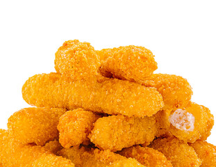 Crispy cheese sticks piled on a white background
