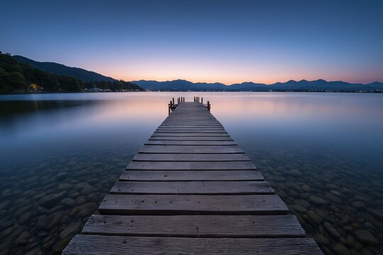 arafed wooden pier stretching out into a lake at dusk - Powered by Adobe