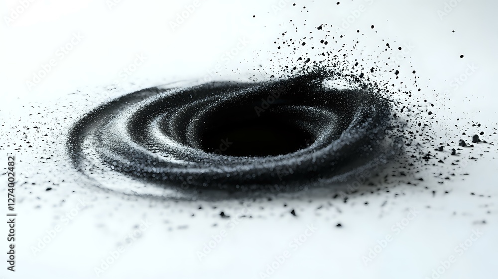 Poster black charcoal powder scattered in spiral pattern on white surface, creating dynamic swirling motion
