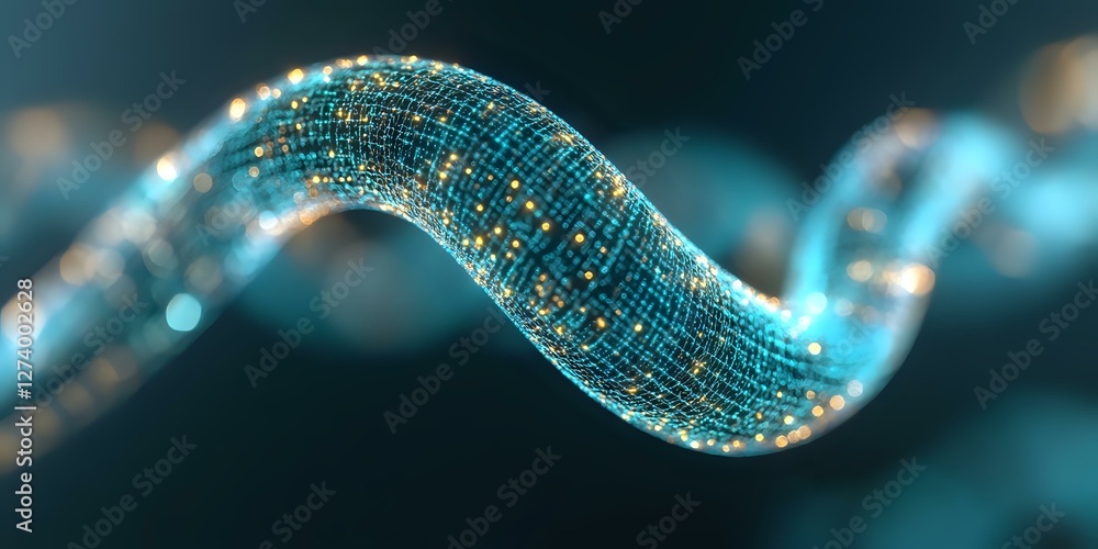 Poster glowing digital wave with circuit pattern elements in blue tones against dark background, representi