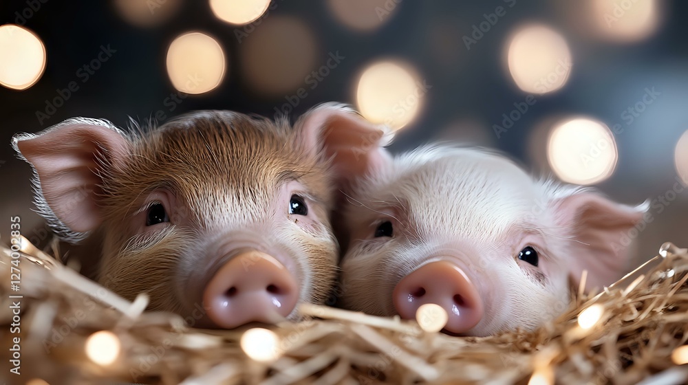 Poster two adorable piglets resting in hay with soft bokeh lights in background, close up portrait showing 