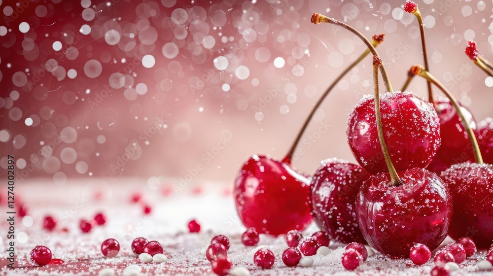 Poster a close-up of cherries dusted with sugar, set against a blurred background with bokeh lights.