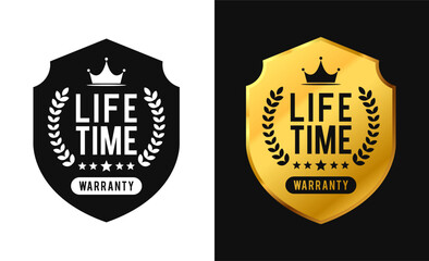 Obraz premium Lifetime warranty label design shield shape. Vector isolated in flat style. For icon, logo, insigna, seal, tag, sign, seal, symbol, badge, stamp, sticker, emblem, banner
