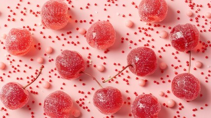 Fototapeta premium A colorful arrangement of jelly candies and cherries on a pink background.