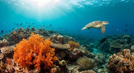 Fototapeta premium Plastic Pollution In Ocean - Turtle Eat Plastic Bag - Environmental Problem generative ai