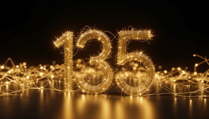 Glowing Number 135 Crafted from Sparkling Lights Against a Dark Background