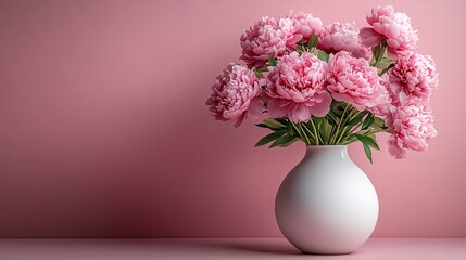 A bouquet of vibrant pink peonies elegantly arranged in a white ceramic vase, set against a soft pink background, creating a harmonious and sophisticated floral composition