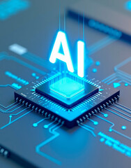 Electronic motherboard with chip AI. Modern processor with AI sign