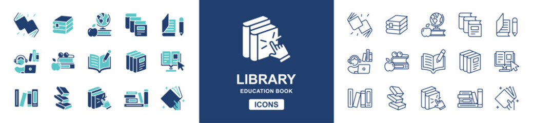education library book icon set online digital learning media school study course student read book e-learning document library cloud signs vector line illustration