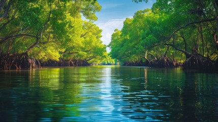 Fototapeta premium A serene river flows through lush mangrove trees under a clear blue sky.