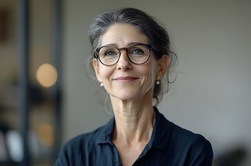 Head shot profile picture businesswoman middle-aged dressed in casual shirt, professional achievements,dressed in casual shirt,feel satisfied with promotion,wear eyeglasses smiling looking aside.
