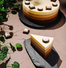 Delicious chocolate dessert arrangements on slate plates
