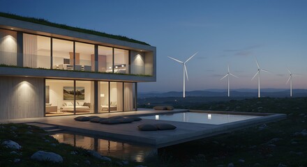 Obraz premium Eco-Modern House with Green Roof Wind Turbines in Nature Setting