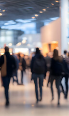 Blurred crowd of people walking in modern building, abstract urban background