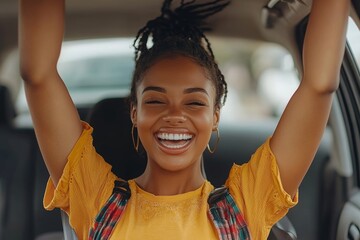Overjoyed woman sitting in her own car and showing driver license, celebrating passed exam, driving school finish, sitting inside of vehicle