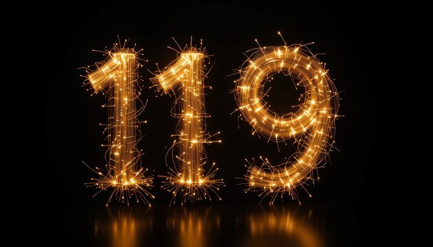 Sparkling Number 119 Created with Fiery Light Trails Against a Dark Background
