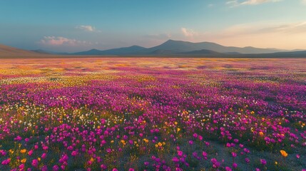 Fototapeta premium Colorful wildflower field at sunset, mountains in the distance. Possible use stock photo