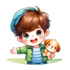 Cheerful Boy Holding a Puppy, Adorable Watercolor Chibi Illustration Capturing Warmth and the Joy of Friendship