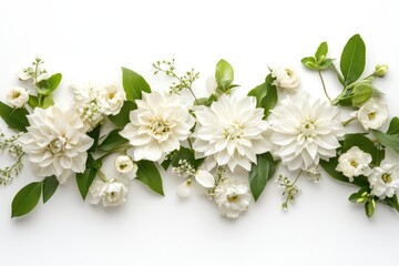 Fototapeta premium a fresh spring flower composition with delicate blooms and foliage arranged in an artistic pattern against pure white, emphasizing negative space