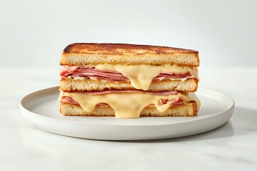 Grilled sandwich with melted cheese and ham on toasted bread, layered with multiple slices of meat and cheese, served on white ceramic plate against light background.