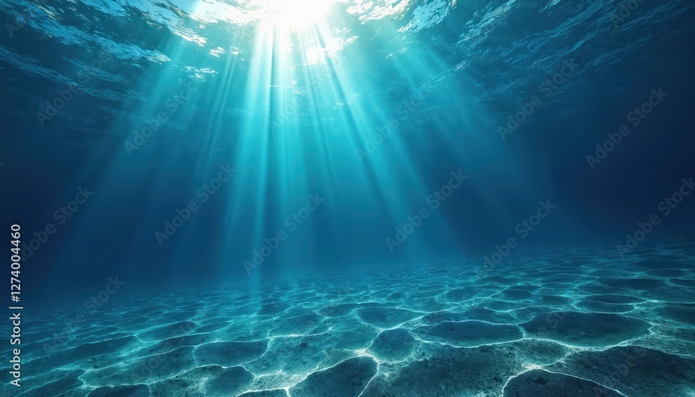 Poster underwater scene with sunbeams piercing blue ocean. deep water shows seabed with sand pattern. light