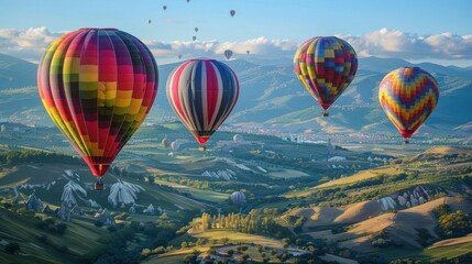 Obraz premium Colorful hot air balloons soaring over a scenic landscape at sunrise.
