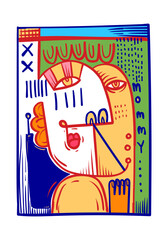 Aesthetic abstract face portrait people geometric decorative doodle hand drawn vector illustration. Artistic design art print, wall art, cards and poster.