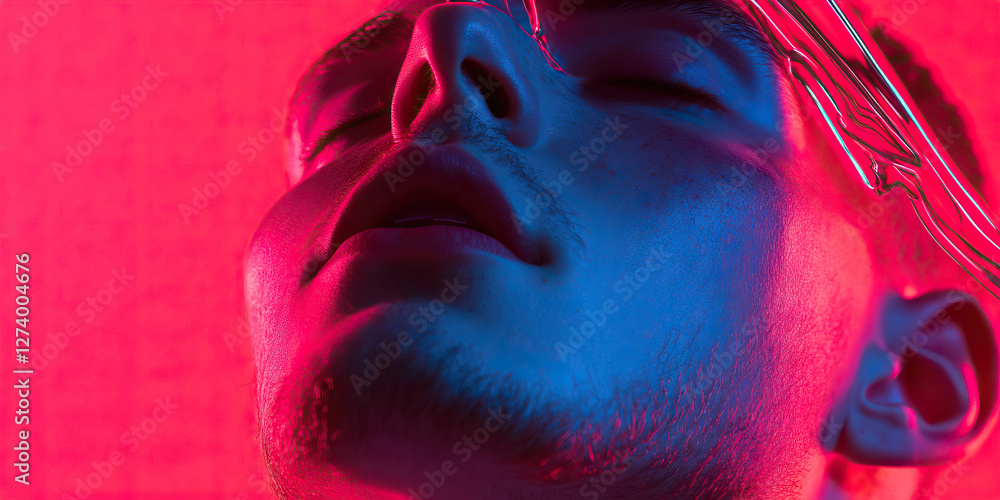 Poster close-up portrait: man's face with translucent object and neon lighting