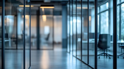 Modern office interior with glass walls and doors creating a sense of transparency and openness
