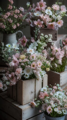 Fototapeta premium Easter Nordic background with wooden boxes and flowers, seasonal holiday card