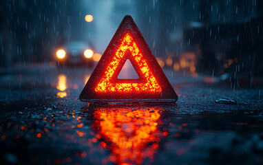 Glowing Red Emergency Triangle on Rainy Night Road