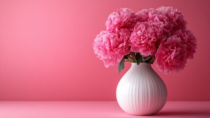 A bouquet of vibrant pink peonies elegantly arranged in a white ceramic vase, set against a soft pink background, creating a harmonious and sophisticated floral composition