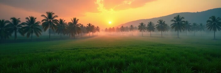 Oil palm plantation at dawn with misty atmosphere, plantation, oil palms