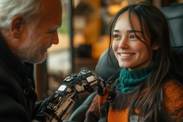 Obraz premium An elderly man gazes warmly at a young woman with a prosthetic arm, sharing a tender moment.