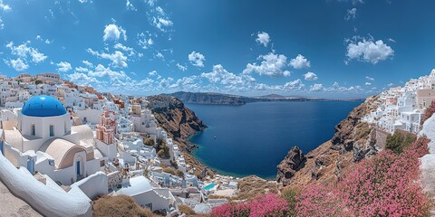 Naklejka premium Nestled on a rocky hillside, a quaint white-washed town captivates with its serene blue-domed landmark, framed by an expansive azure sea