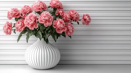 A bouquet of vibrant pink peonies elegantly arranged in a white ceramic vase, set against a soft pink background, creating a harmonious and sophisticated floral composition