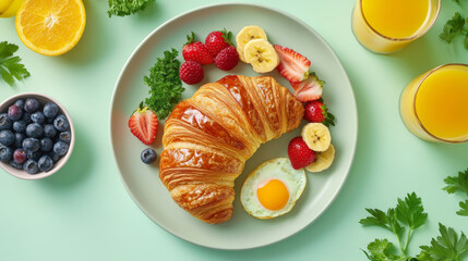 Delicious Breakfast with Croissant, Fried Eggs, and Fresh Fruits