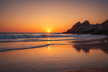 Obraz premium sunset on a beach with waves and rocks in the background