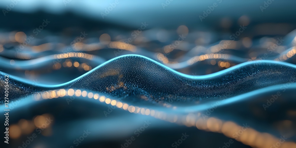 Poster abstract wavy surface with glowing golden particles flowing through dark blue curves creating dynami