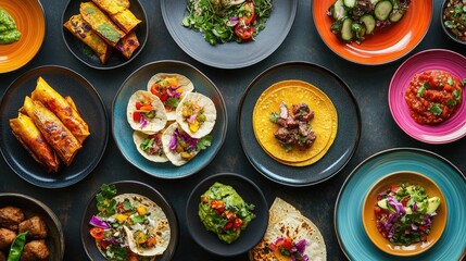 A vibrant overhead shot of colorful Mexican food, including tacos, salsas, and grilled vegetables, arranged on various plates.