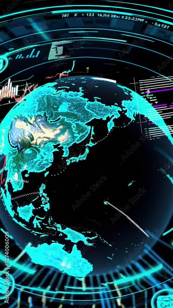 Poster futuristic digital world map animation with data visualization and graphs