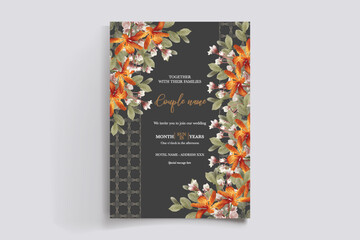 WEDDING INVITATION FRAME WITH FLOWER DECORATIONS AND FRESH LEAVES 